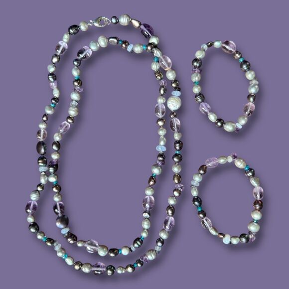 Honora 40 in Pearl & Amethyst Gemstone Necklace and Bracelets, Black, Silver - Picture 11 of 13